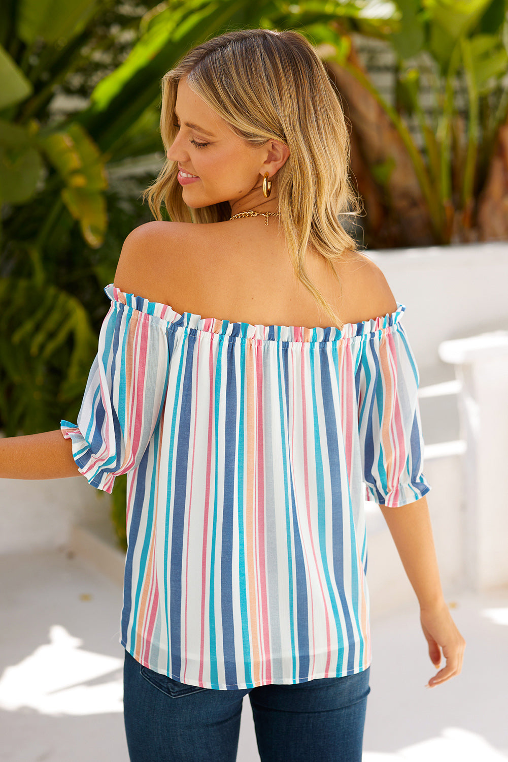 Off The Shoulder Rainbow Striped Top