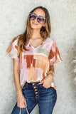 Color Block Ruffled Short Sleeve V Neck T-shirt