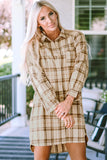 Khaki Western Plaid Button Up Loose Shirt Dress