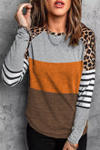 Leopard Striped Color Block Long Sleeve Blouse