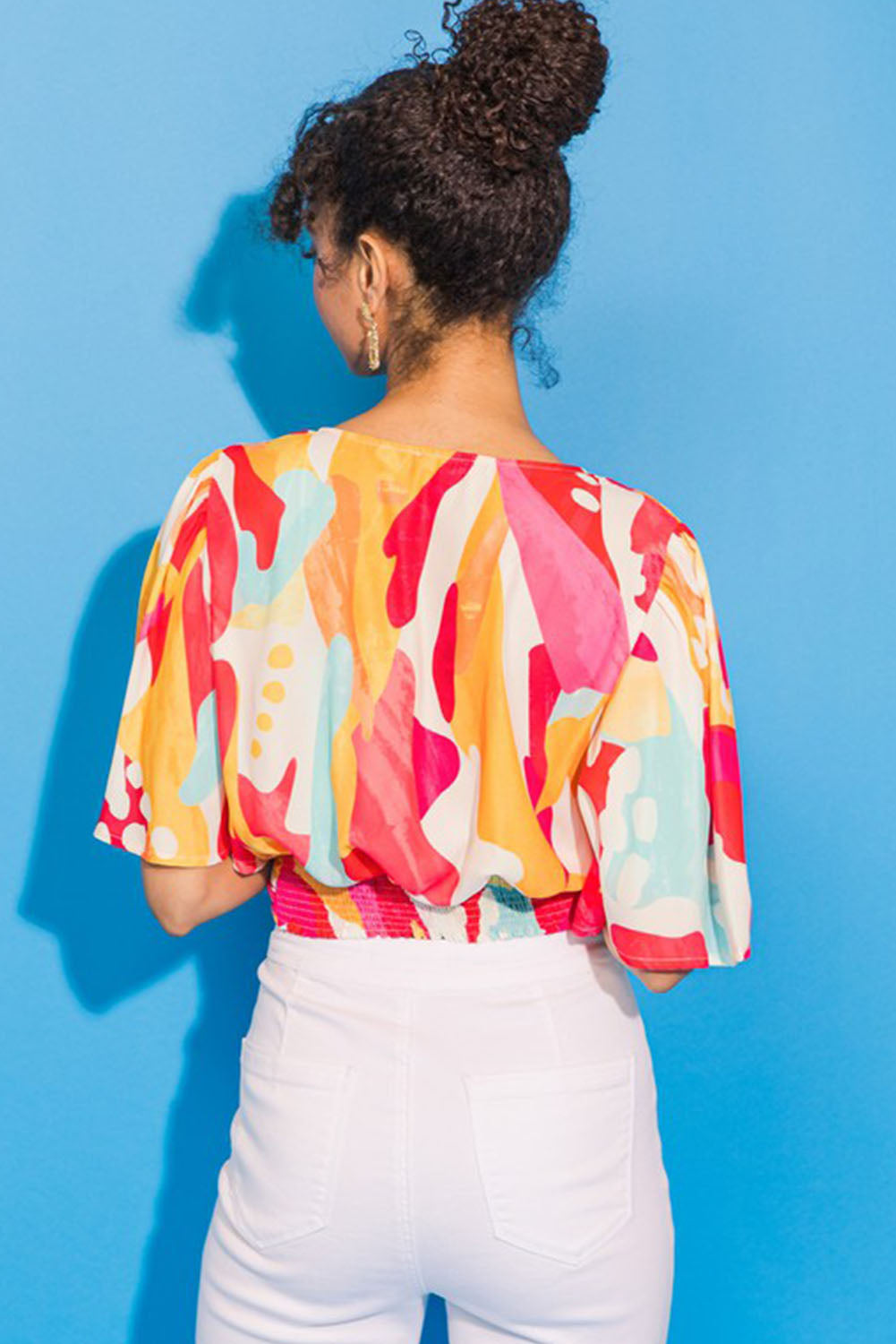 Abstract Print V Neck Twist Front Cropped Blouse