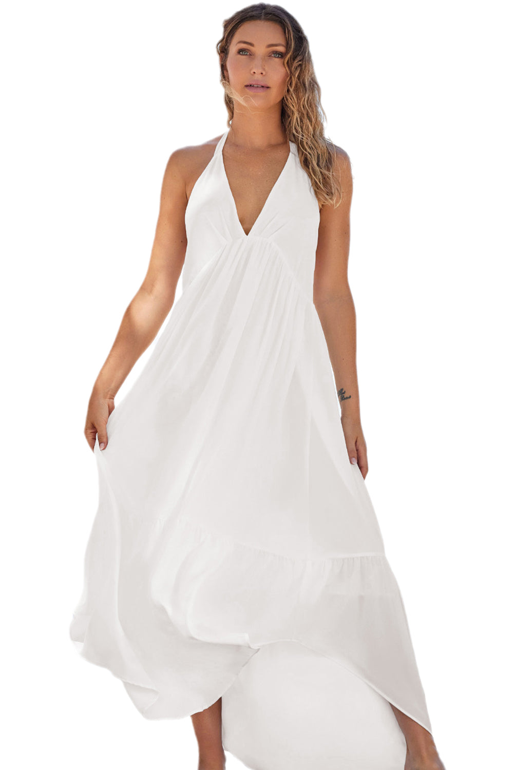 Robe longue asymétrique blanche à col licou et dos nu en V profond 