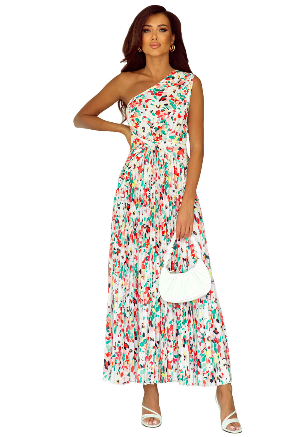 Boho Floral One-Shoulder Sleeveless Pleated Maxi Dress