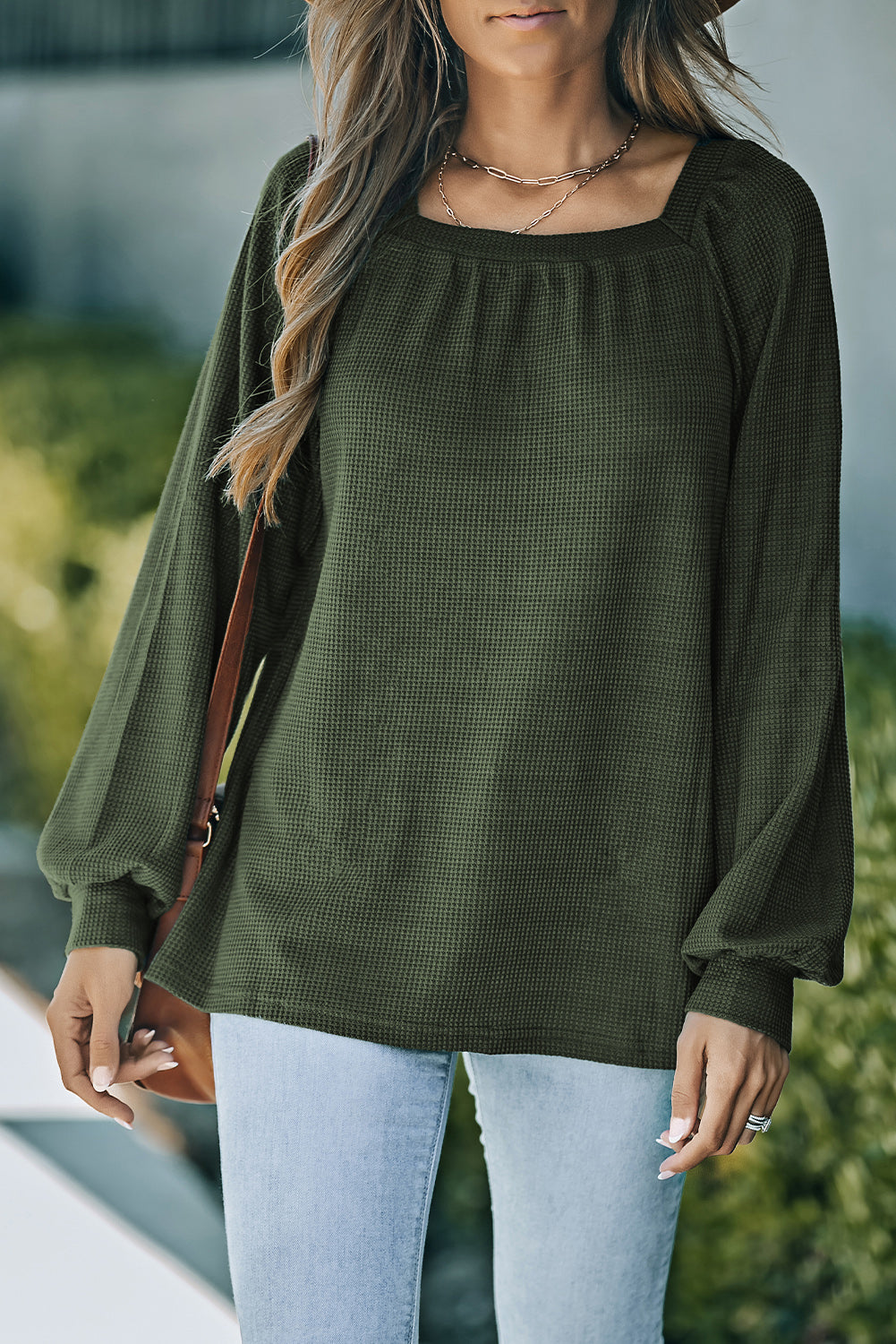 Square Neck Puff Sleeve Waffle Knit Top