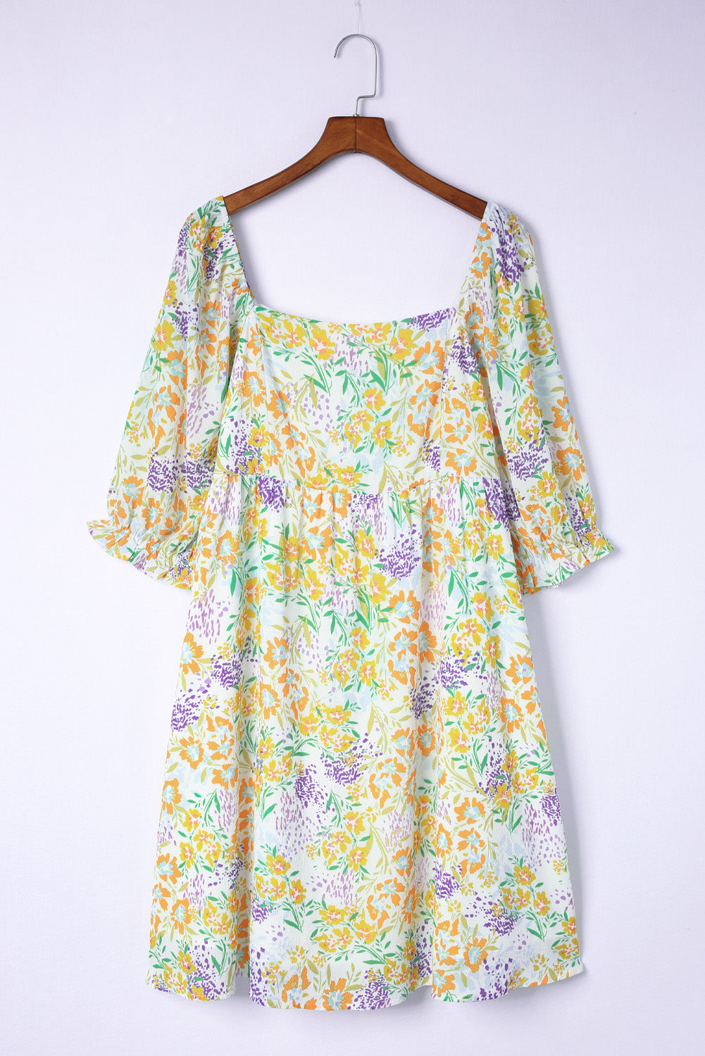 Plus Size Floral Print Ruffle Bubble Sleeve Babydoll Dress