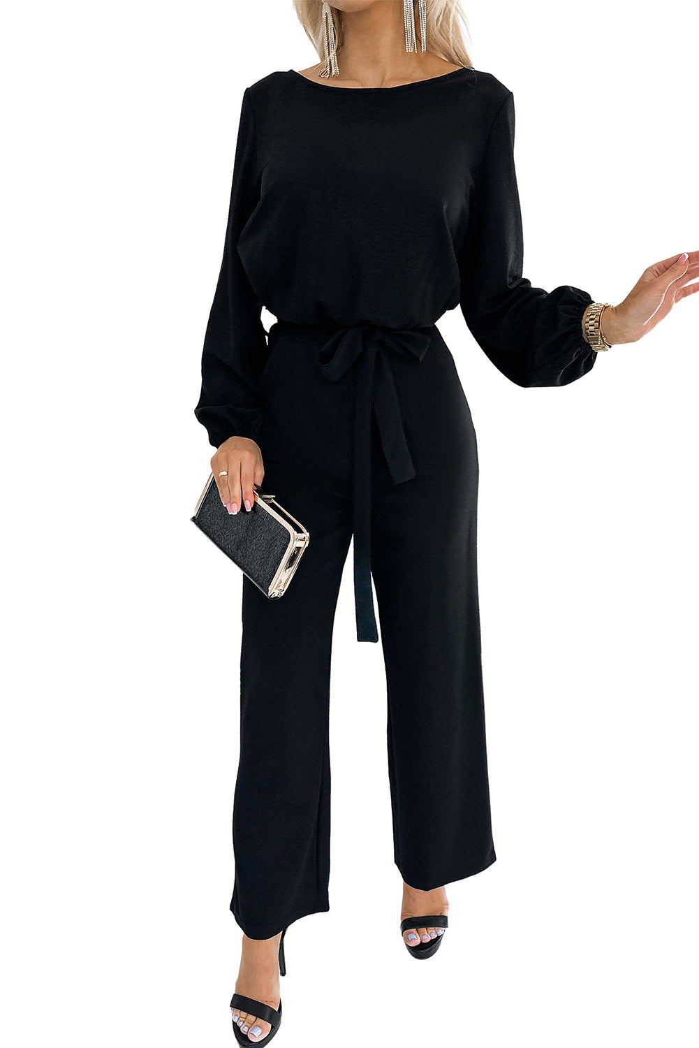 Boat Neck Bubble Sleeve Straight Legs Jumpsuit with Belt Tie