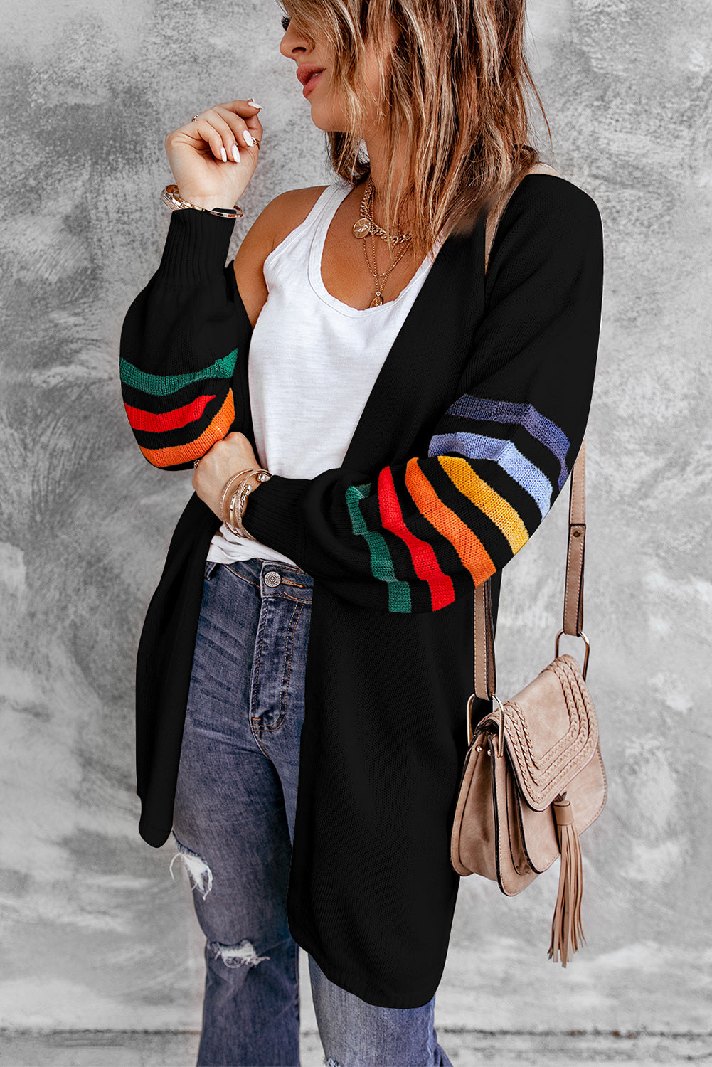 Striped Balloon Sleeve Cardigan