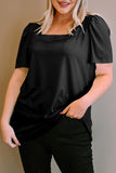 Black Plus Size Square Neck Ruched Shoulder Short Sleeve Top