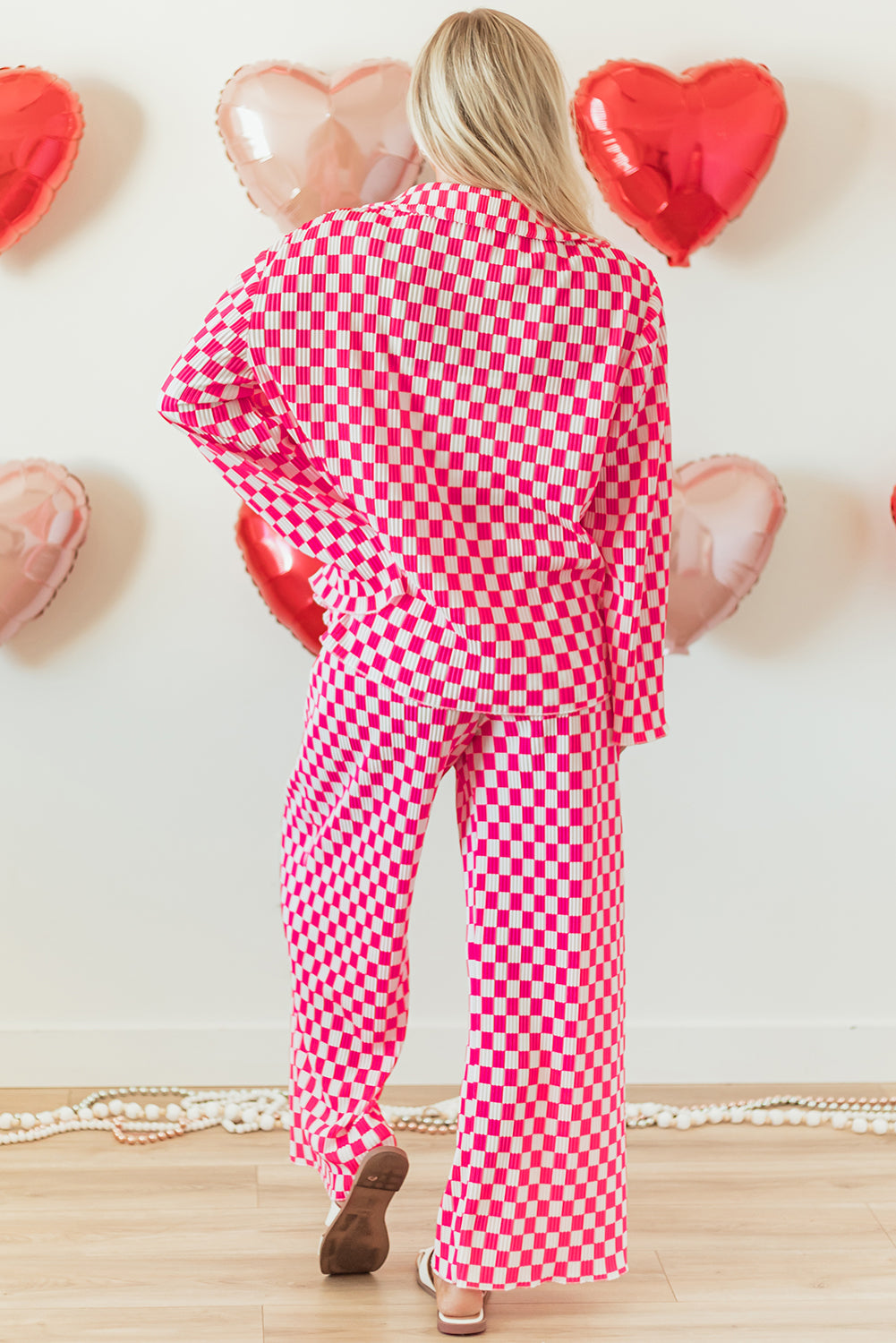 Pink Checkered Buttoned Shirt and High Waist Pants Pajama Set