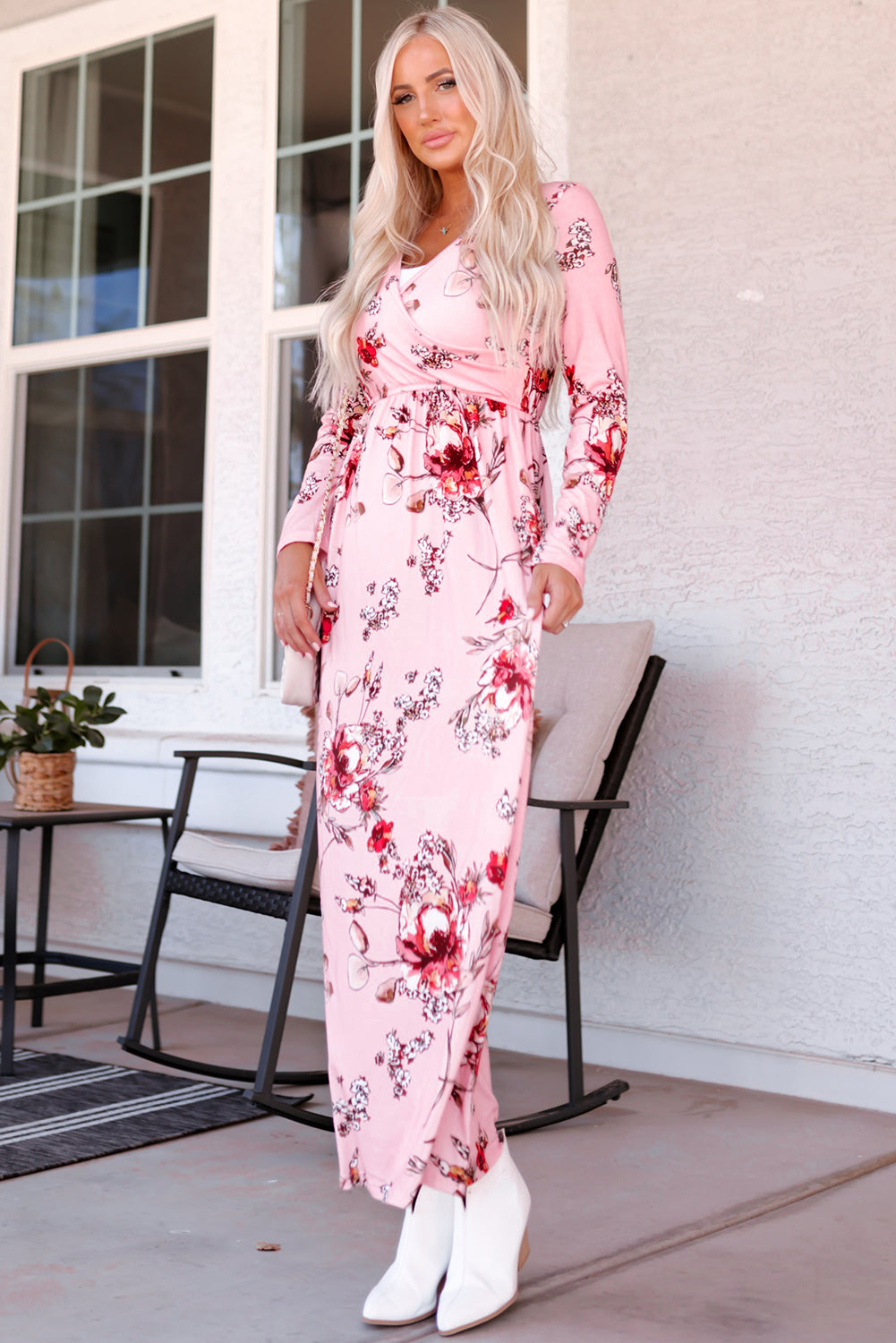 Wrapped V Neck Floral Long Sleeve Empire Maxi Dress