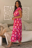 Strawberry Pink Geo Print V-neck Maxi Dress