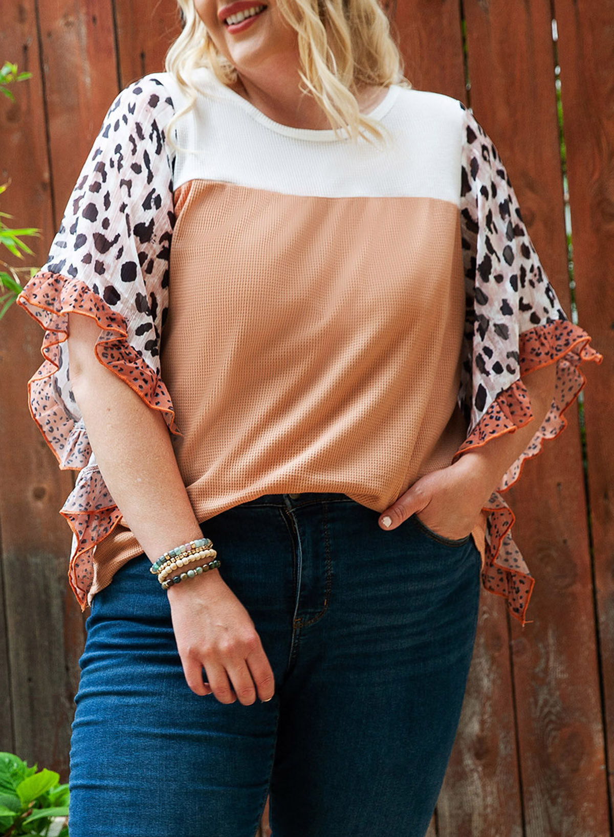 Waffle Knit Animal Print Ruffle Sleeves Plus Size Top