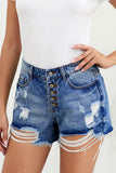 Short en denim vieilli taille haute à braguette boutonnée bleu ciel