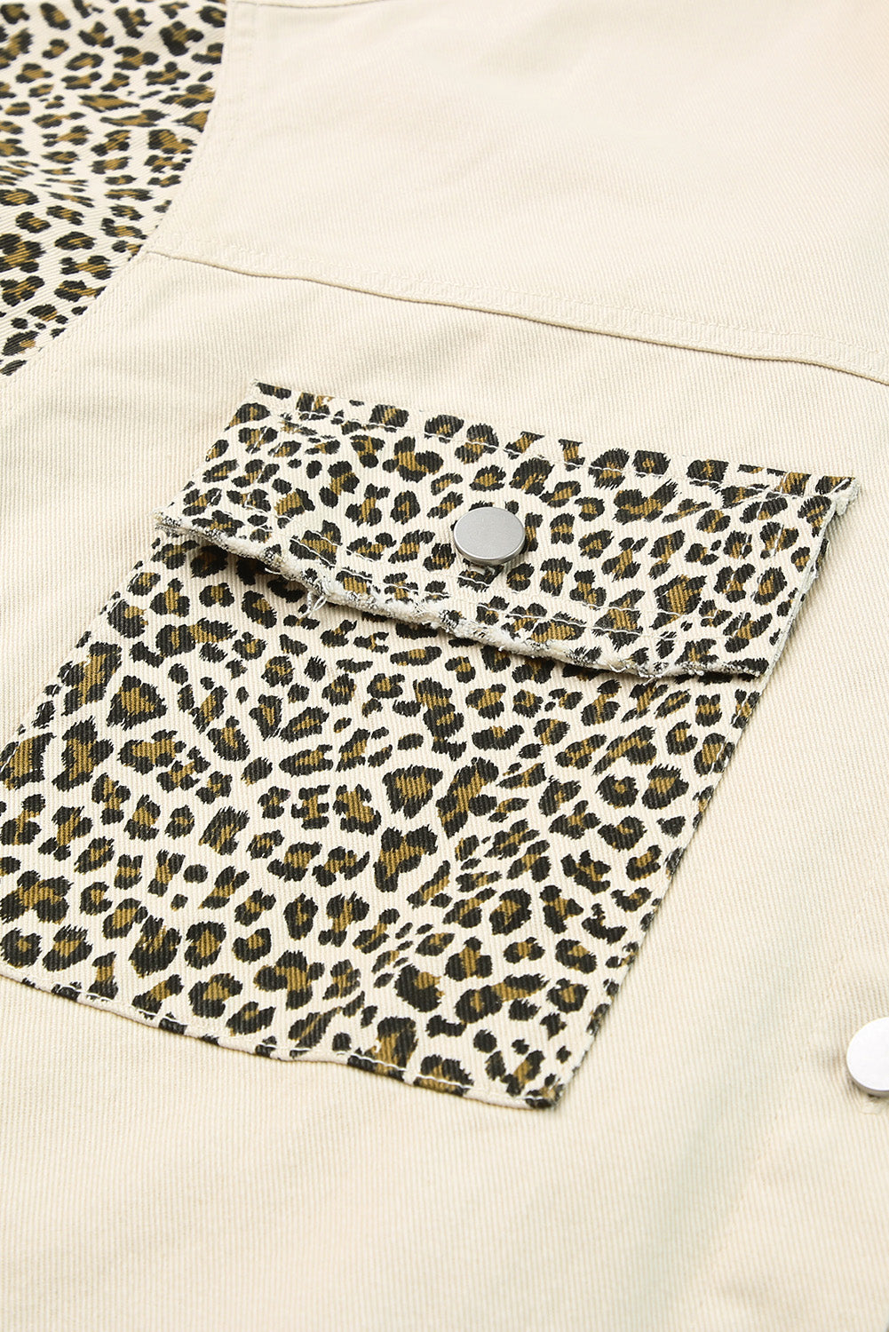 Plus Size Leopard Sleeve Raw Hem Denim Jacket