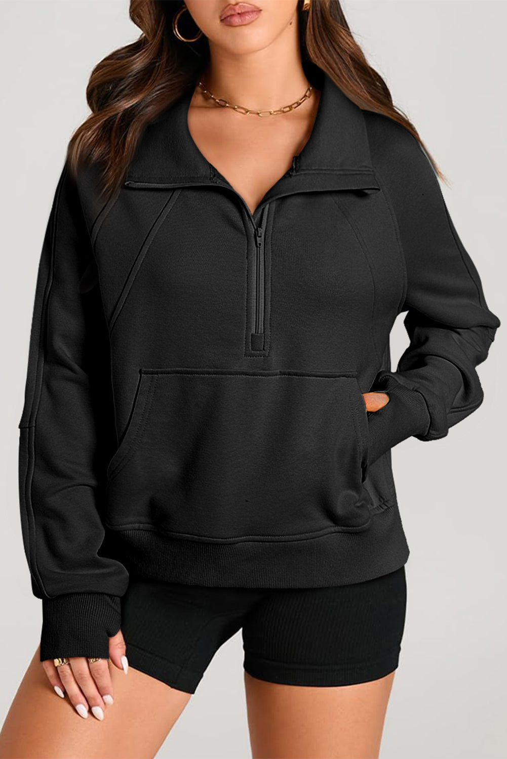 Brown Quarter Zip Stand Neck Kangaroo Pocket Sweatshirt