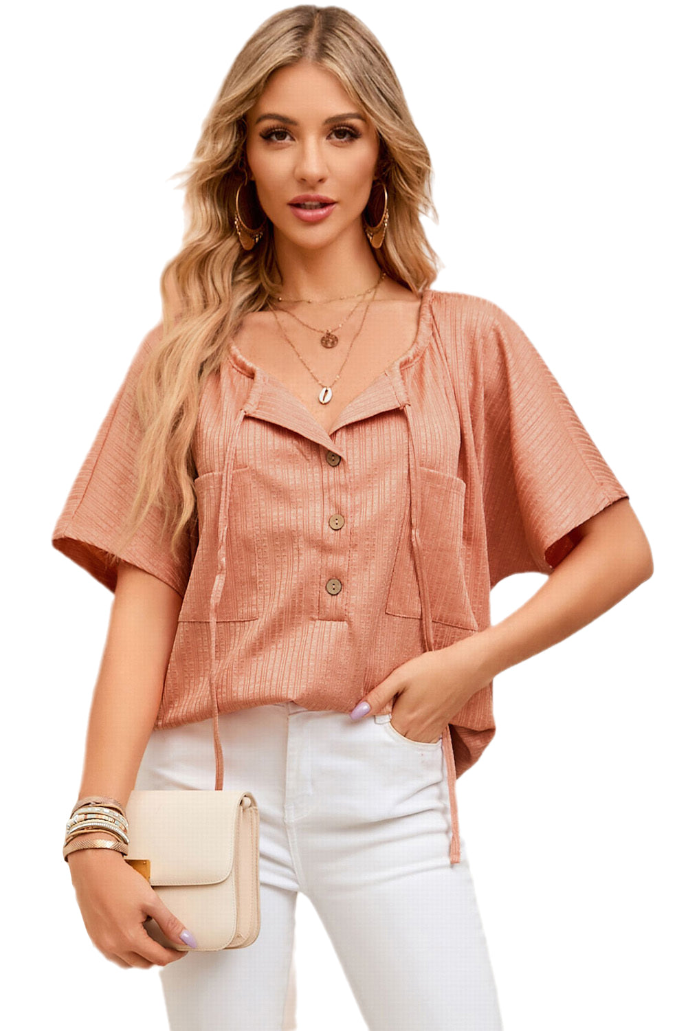 Notched V Neck Buttoned Front Textured Loose Top