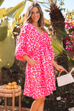 Pink Leopard Print Elasticated V Neck 3/4 Puff Sleeve Dress