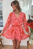 Floral Ruffle Layered Puff Sleeve Surplice Dress