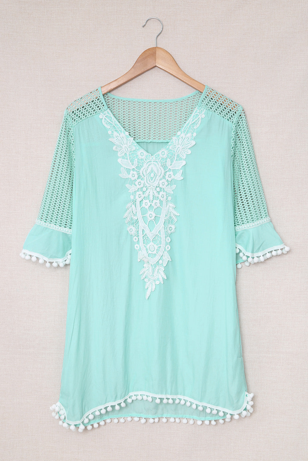 Crochet Pom Pom Trim Beach Tunic Cover up