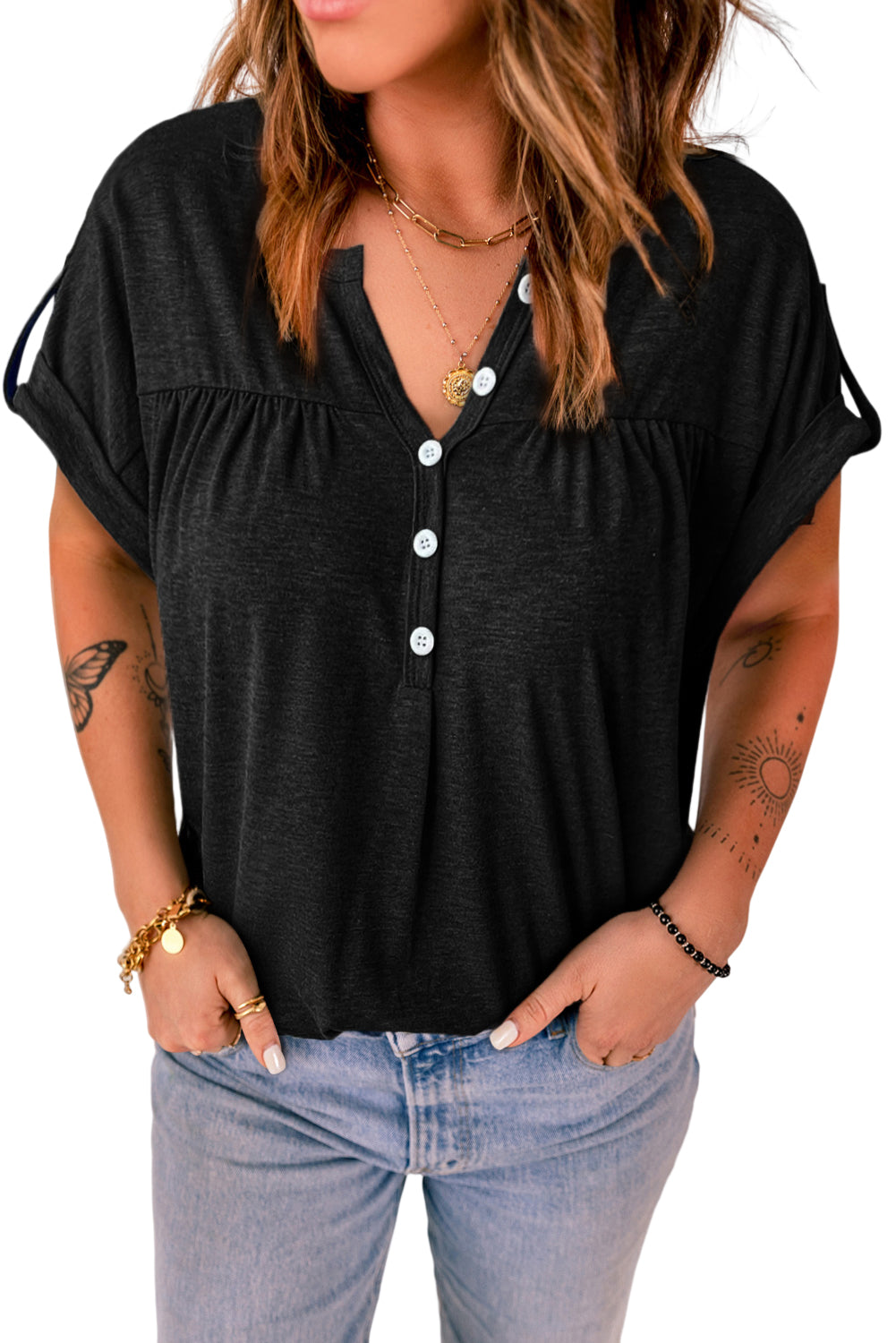 V-Neck Rolled Short Sleeve Henley Top