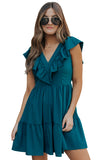 Ruffle Trim V Neck Smocking Back Mini Dress