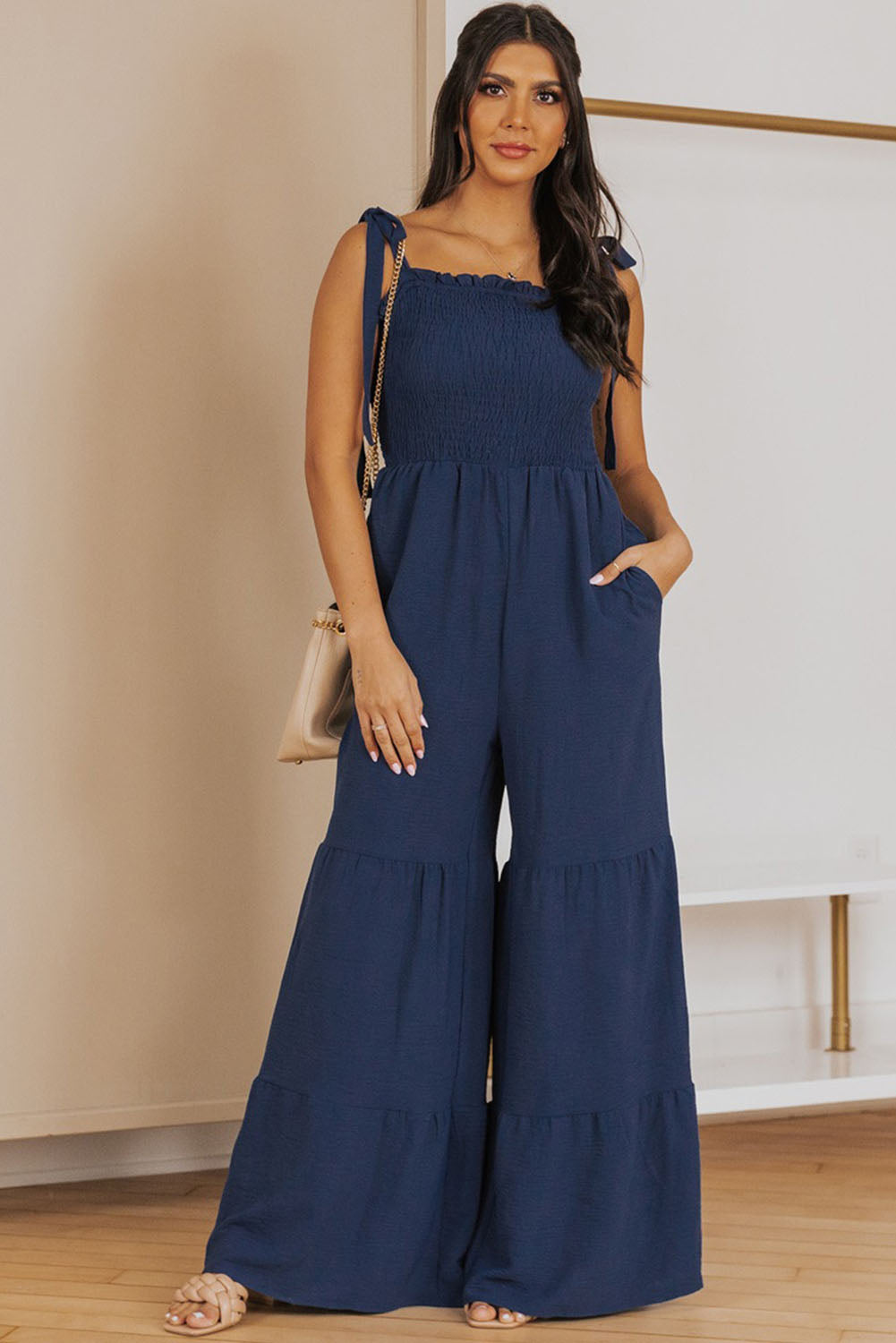 Black Tie Straps Shirred Bodice Tiered Wide Leg Jumpsuit