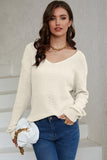 Beige Ribbed Knit V Neck Sweater