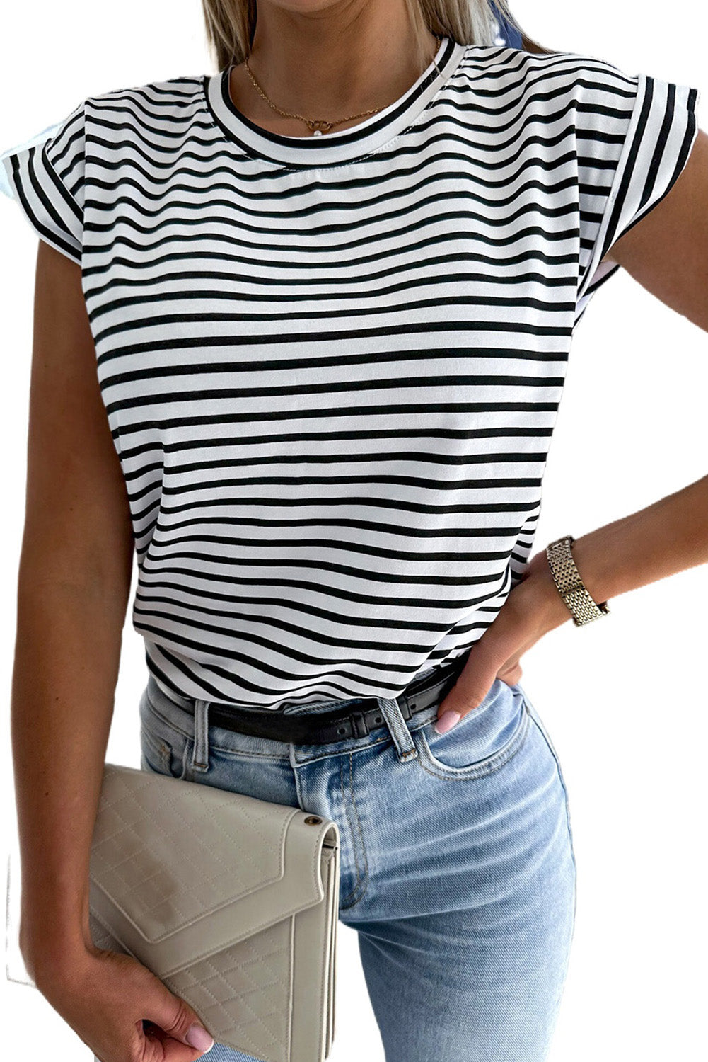 Striped Rolled Cap Sleeve Round Neck T Shirt