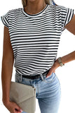 Striped Rolled Cap Sleeve Round Neck T Shirt