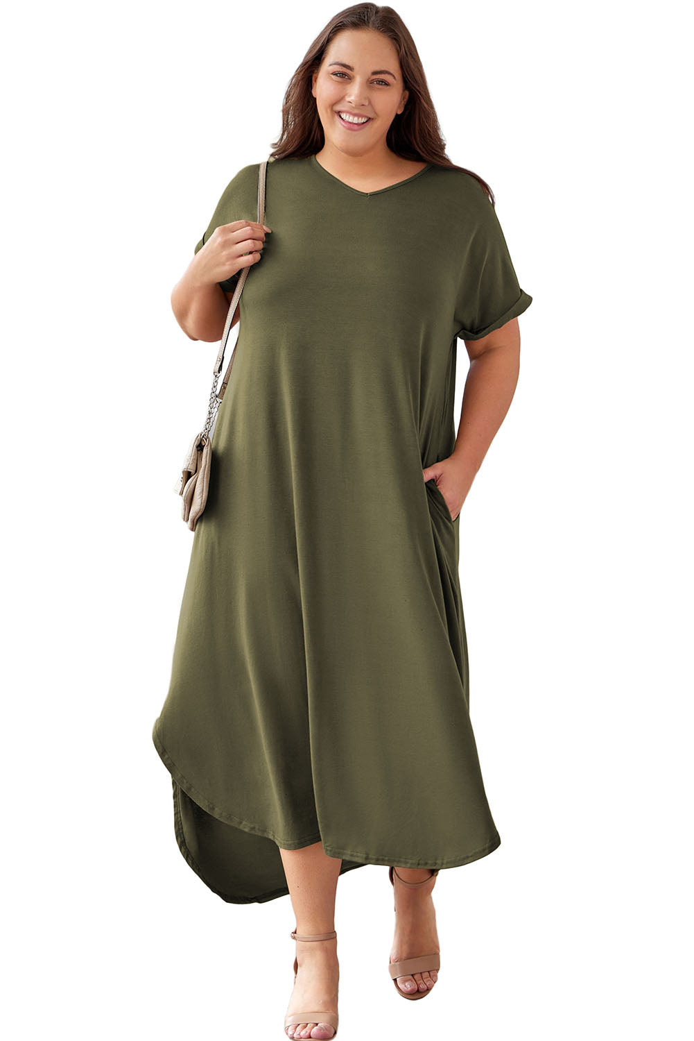 Plus Size V Neck Rolled Cuffs Maxi Dress