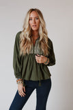 Embroidered Split Neck Pleated Loose Blouse