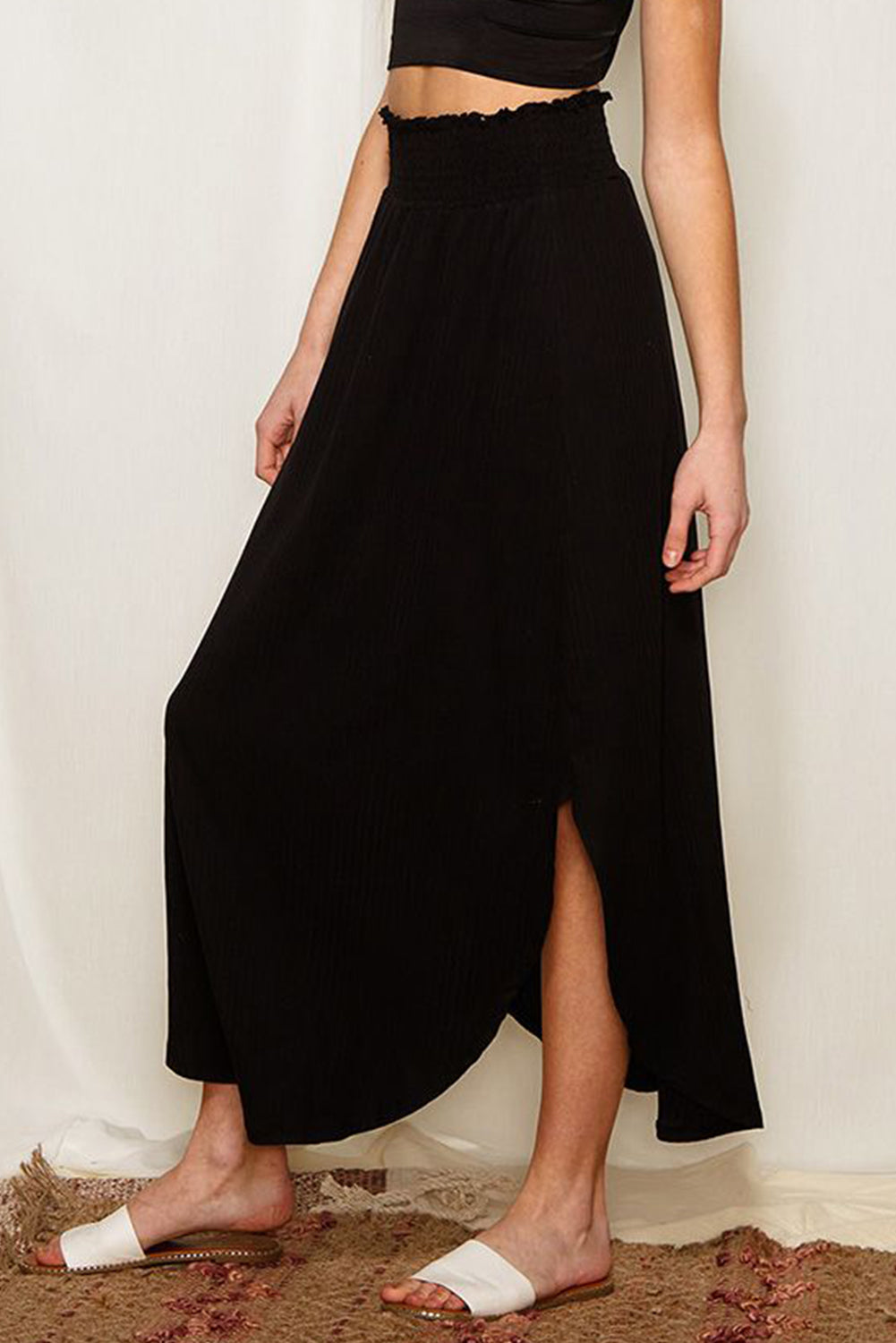 Smocked High Waist Maxi Skirt with Slit