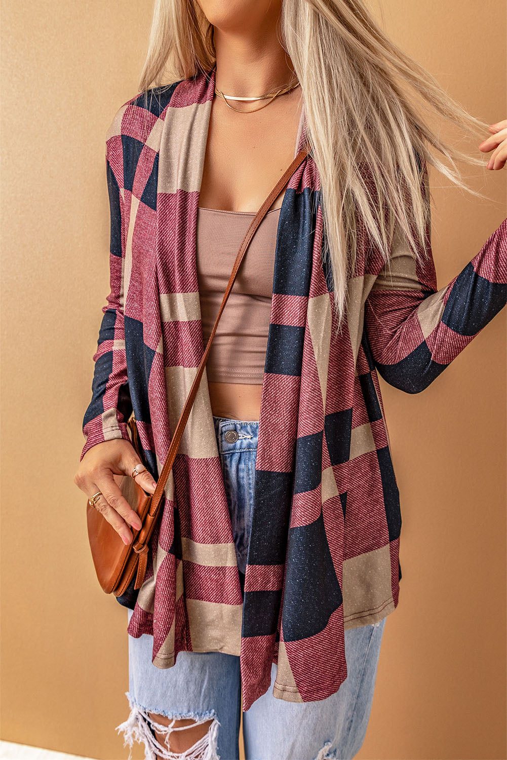 Draped Open Front Plaid Cardigan