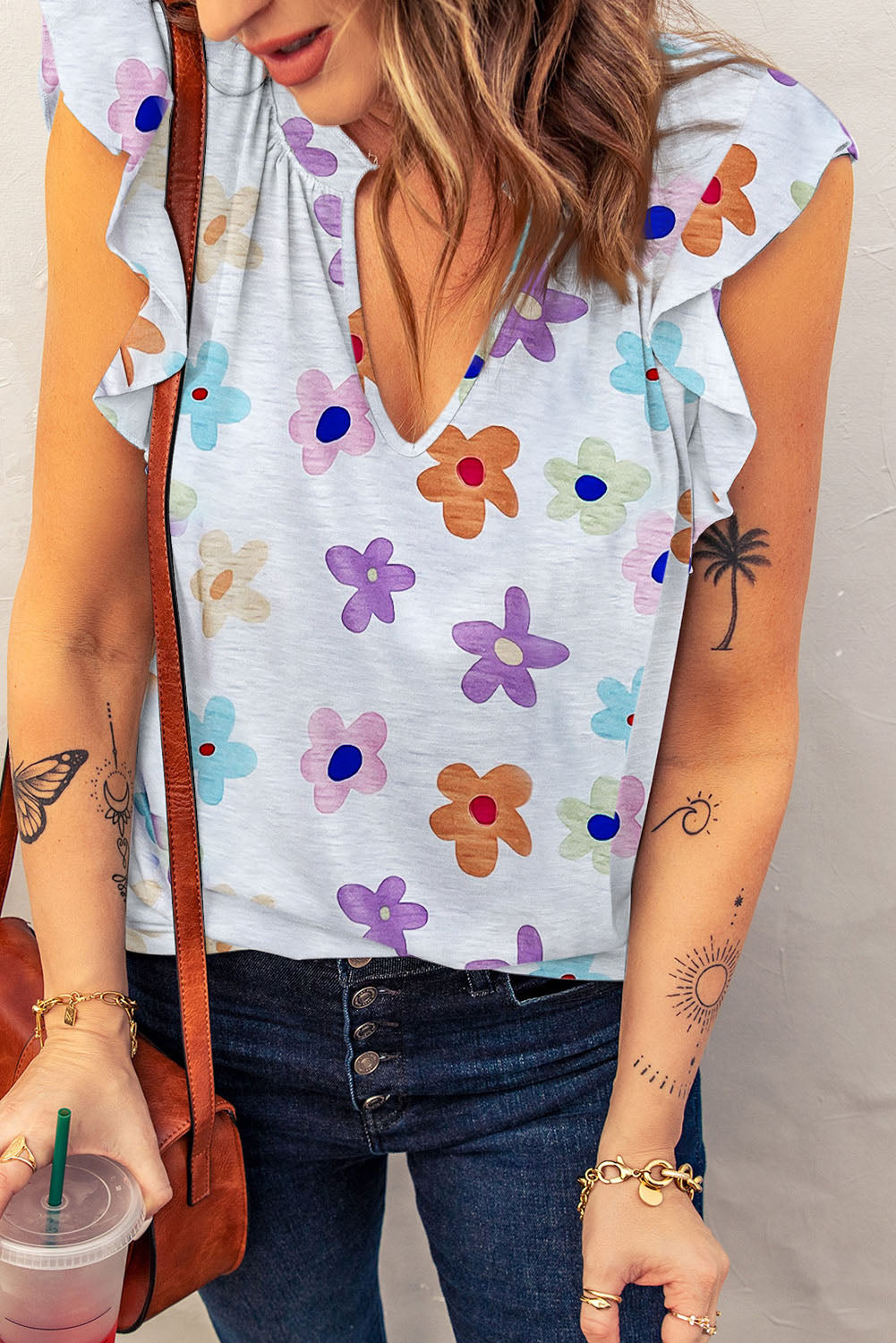 Flower Print Notch V-Neck Flutter Tank