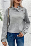 Apricot Asymmetric Buttons Detail High Neck Textured Sweatshirt