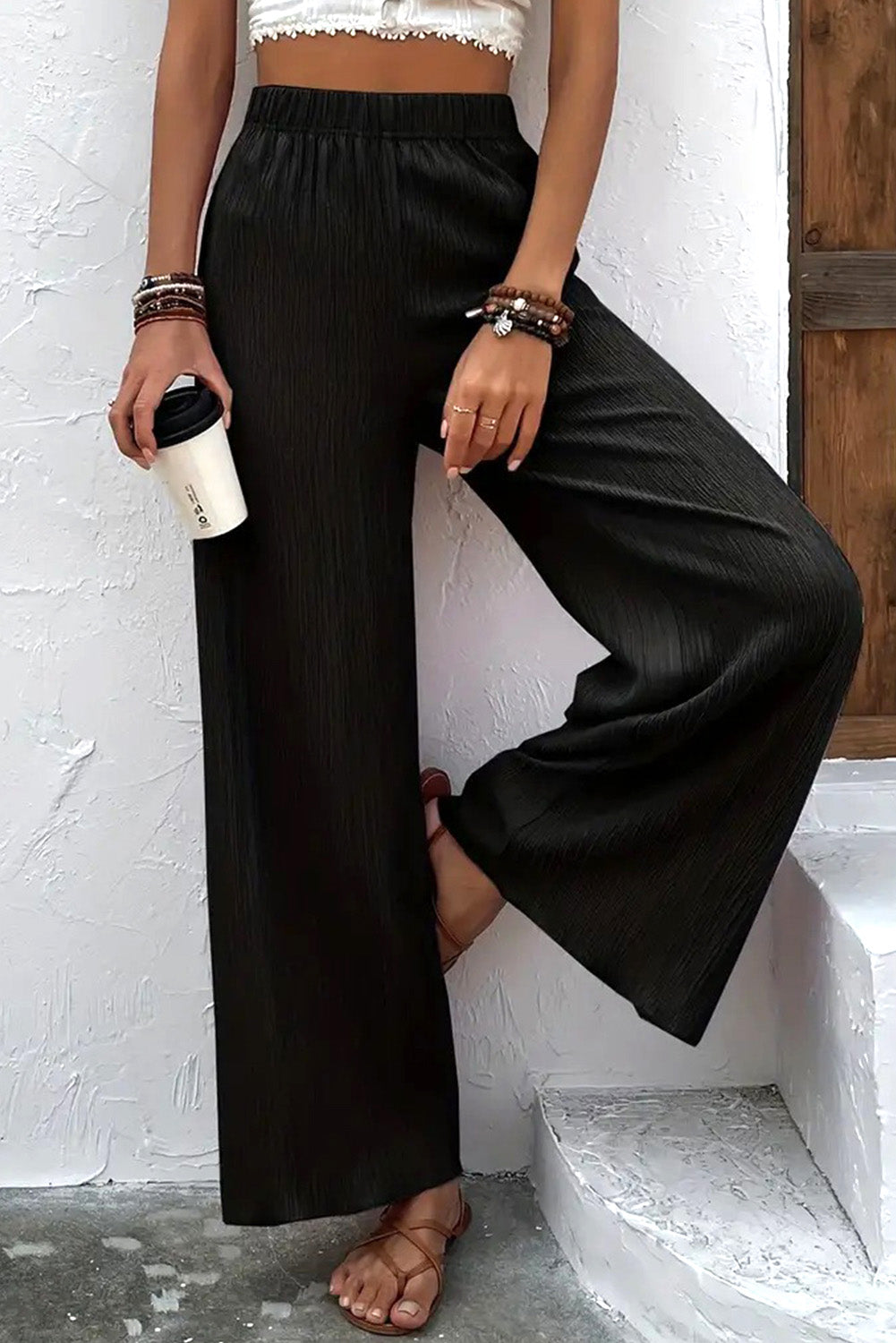 Crinkle Elastic Waist Wide-Leg Pants