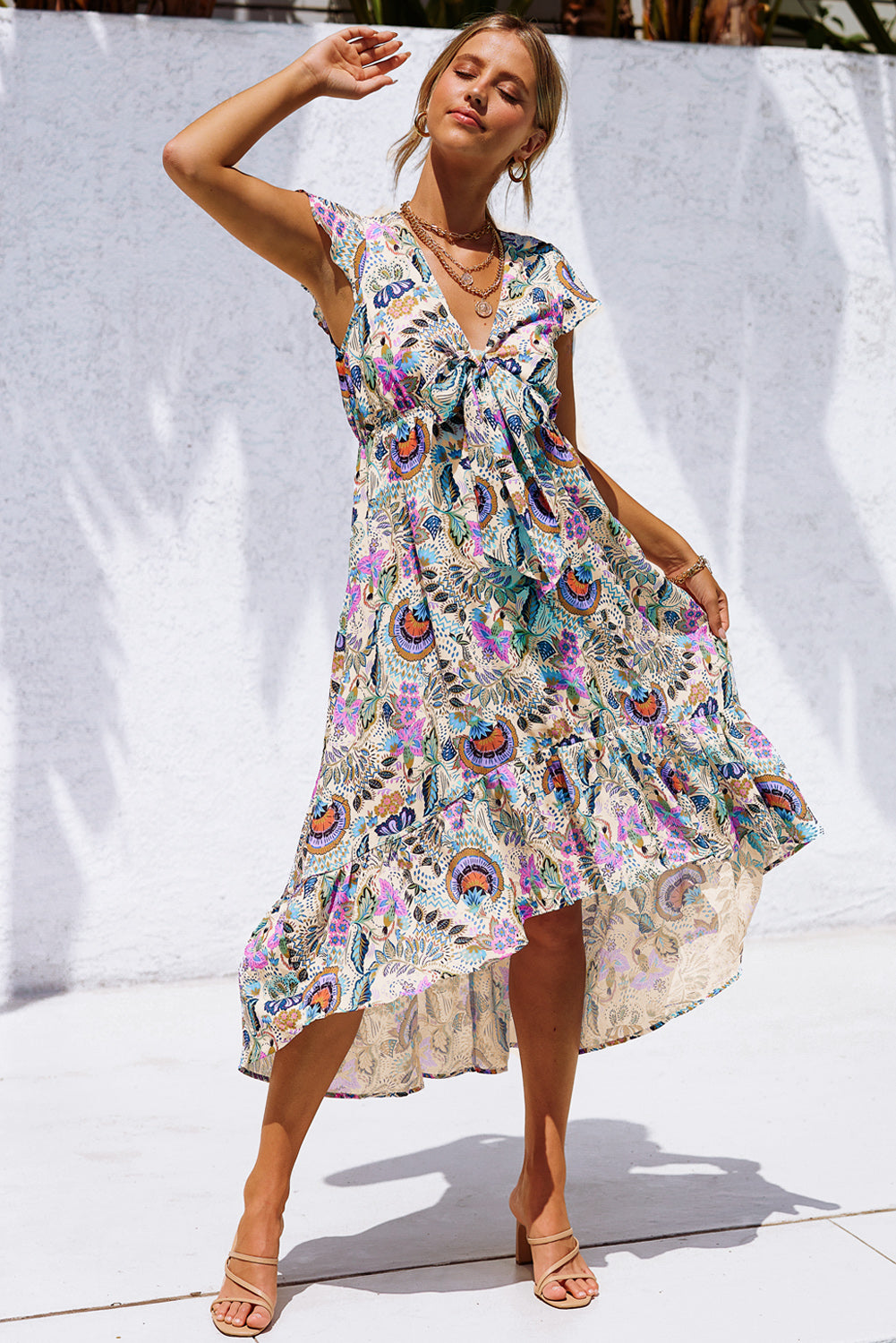 Boho Floral Print Self-tie High Waist Long Dress