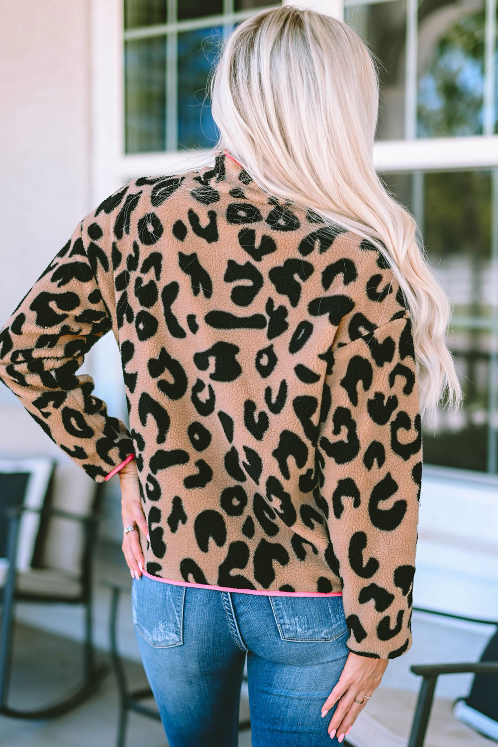 Leopard Plus Size Color Block Chest Pocket Sherpa Jacket