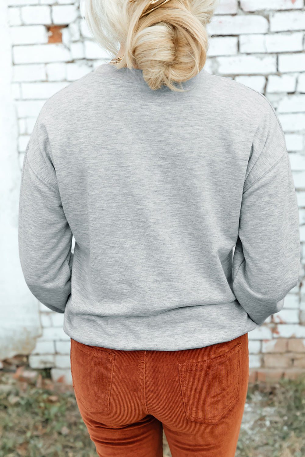 Orange Plain Crew Neck Pullover Sweatshirt