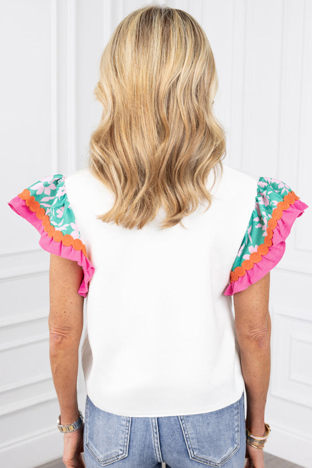 White Contrast Ricrac Floral Sleeve Top