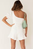 One-shoulder Puff Sleeves Romper with Ruffle Trim