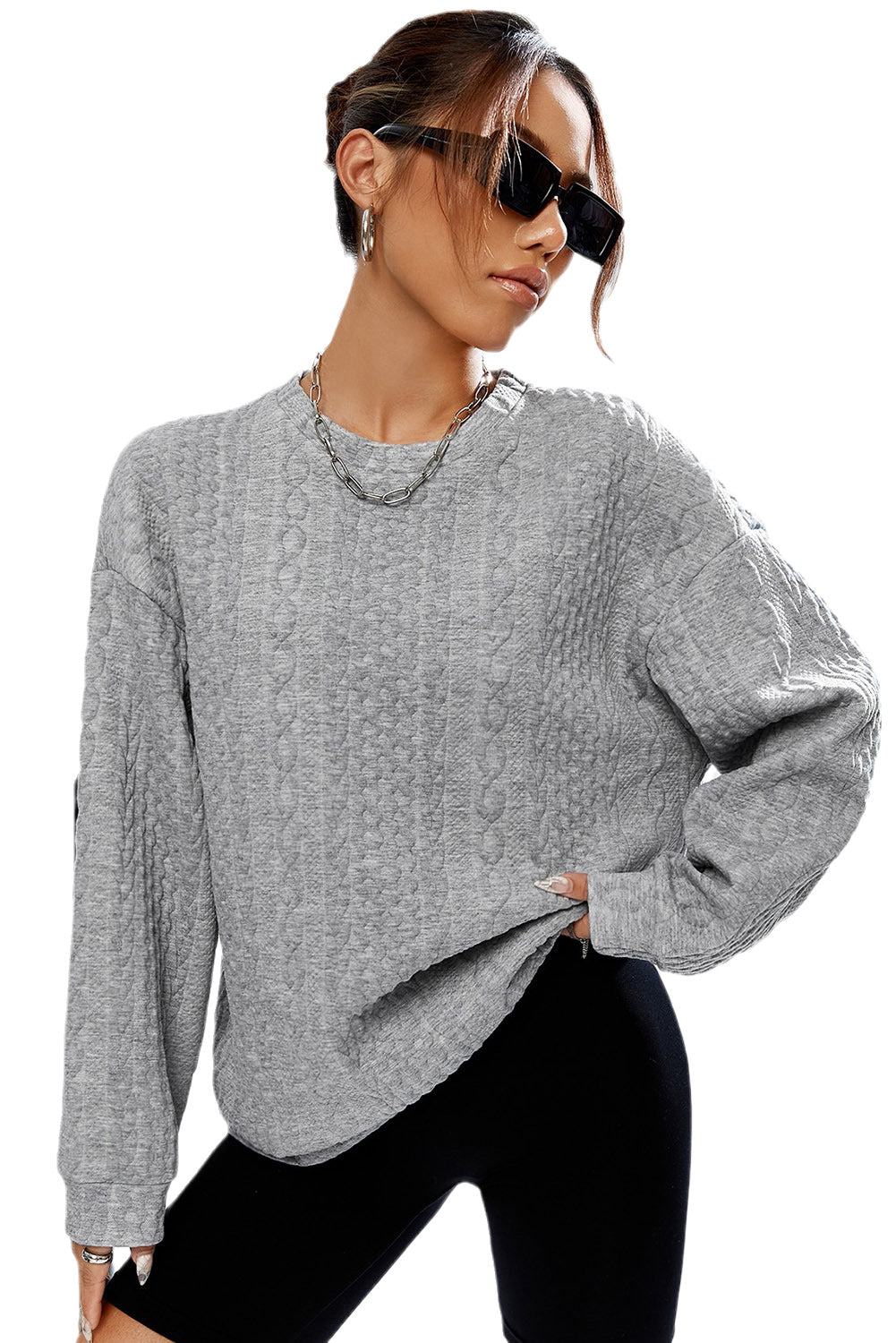 Cable Textured Drop Shoulder Pullover Sweatshirt