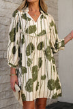 Guacamole Green Floral Striped Print Contrast Piping Puff Sleeve Dress