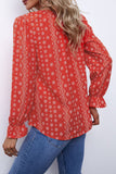 Red Printed Long Sleeve V-Neck Drawstring Shirt