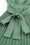 Belted V Neck Ribbed Pleated Sweater Dress