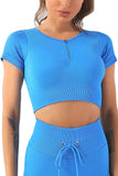 Zipped Notch Short Sleeve Ribbed Yoga Top