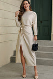 Satin Wrap Tie Side Boat Neck Long Sleeve Dress