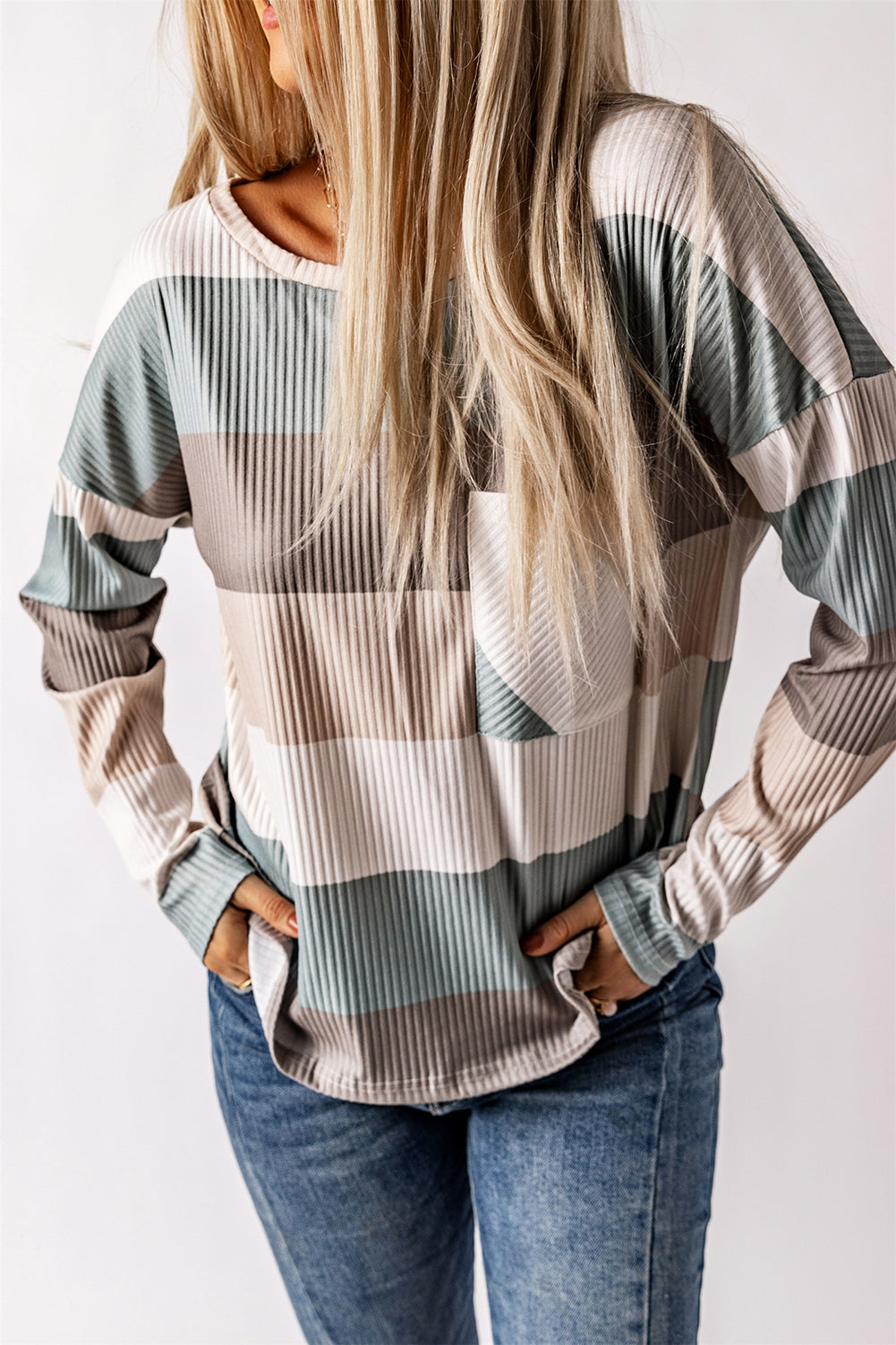 Striped Colorblock Ribbed Knit Top with Pocket