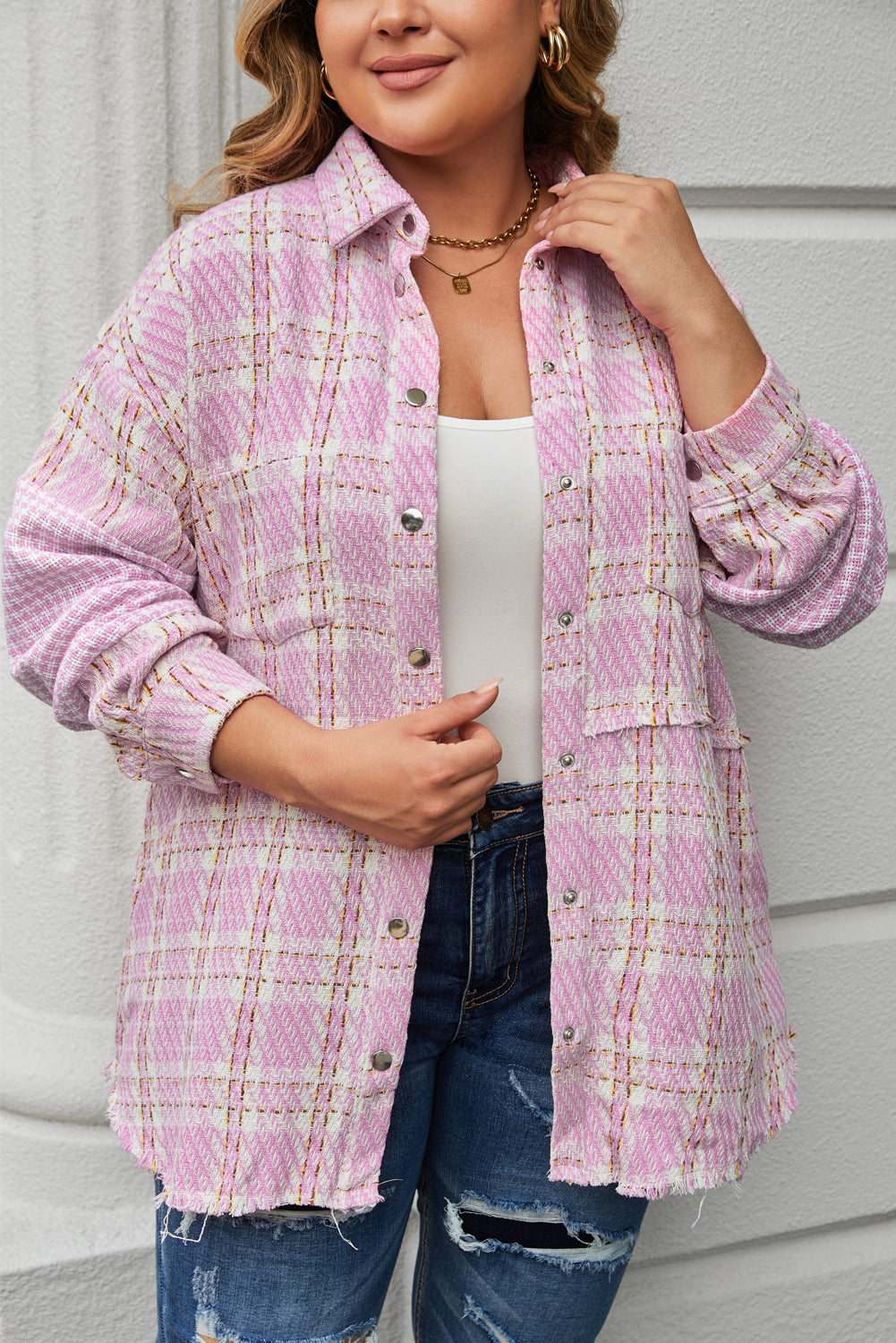 Plus Size Tweed Plaid Houndstooth Print Jacket