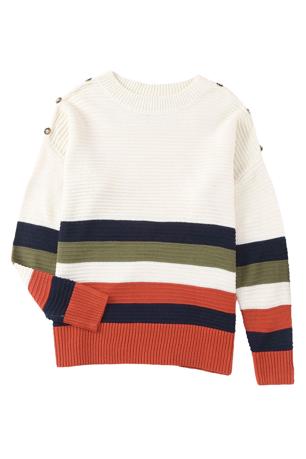 Buttoned Shoulder Drop Shoulder Striped Sweater